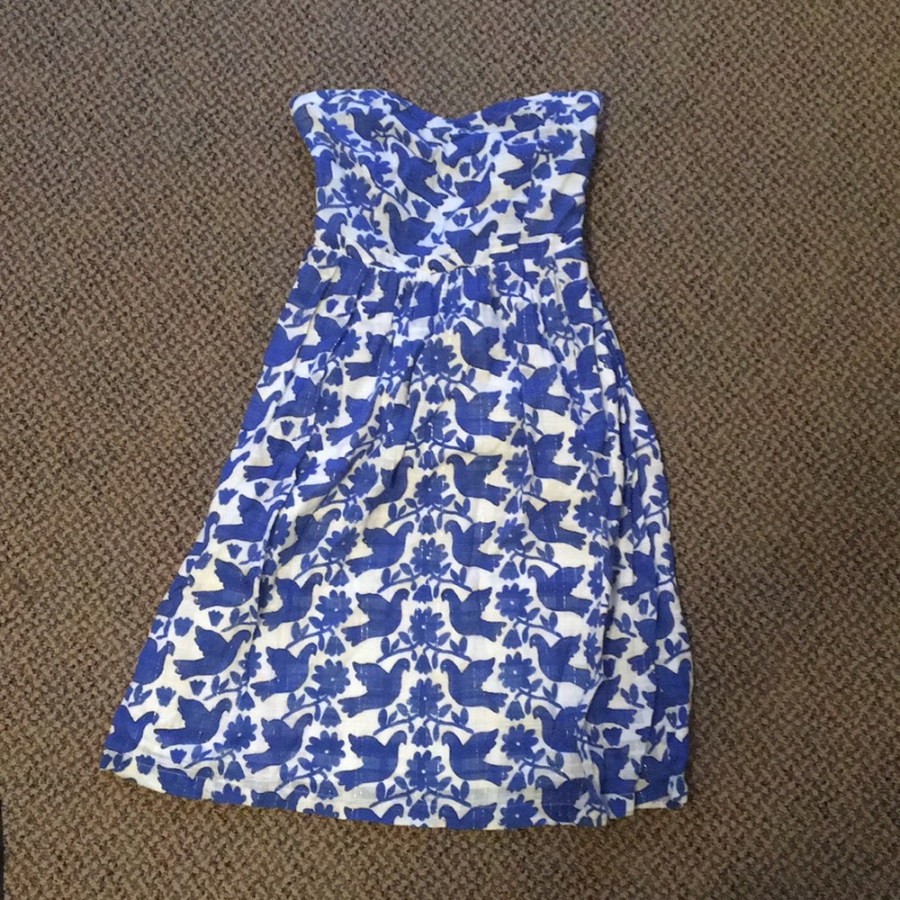 Bird Strapless Blue & White Dress